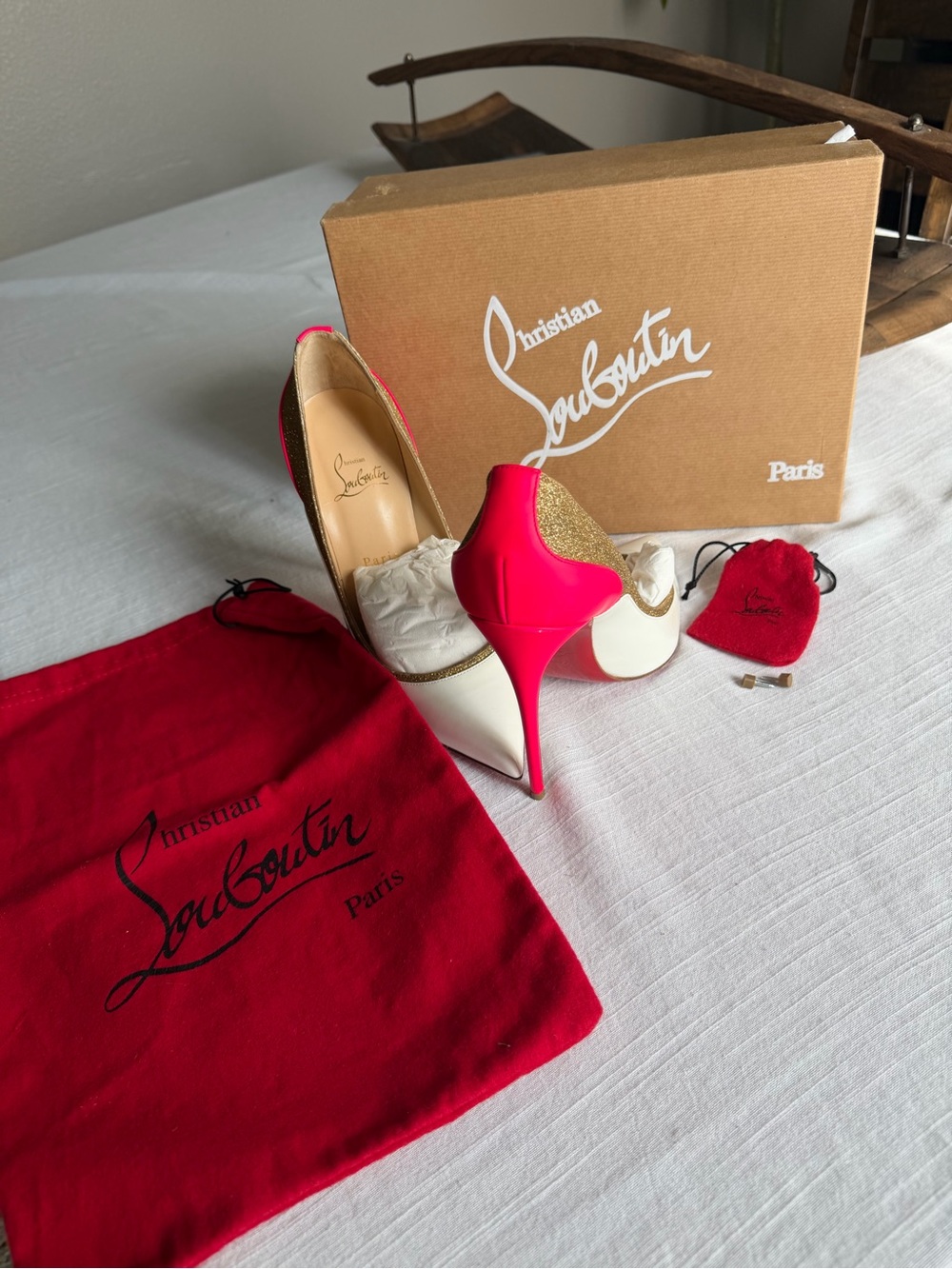 Christian Louboutin White, Gold & Hot Pink Stiletto Pumps